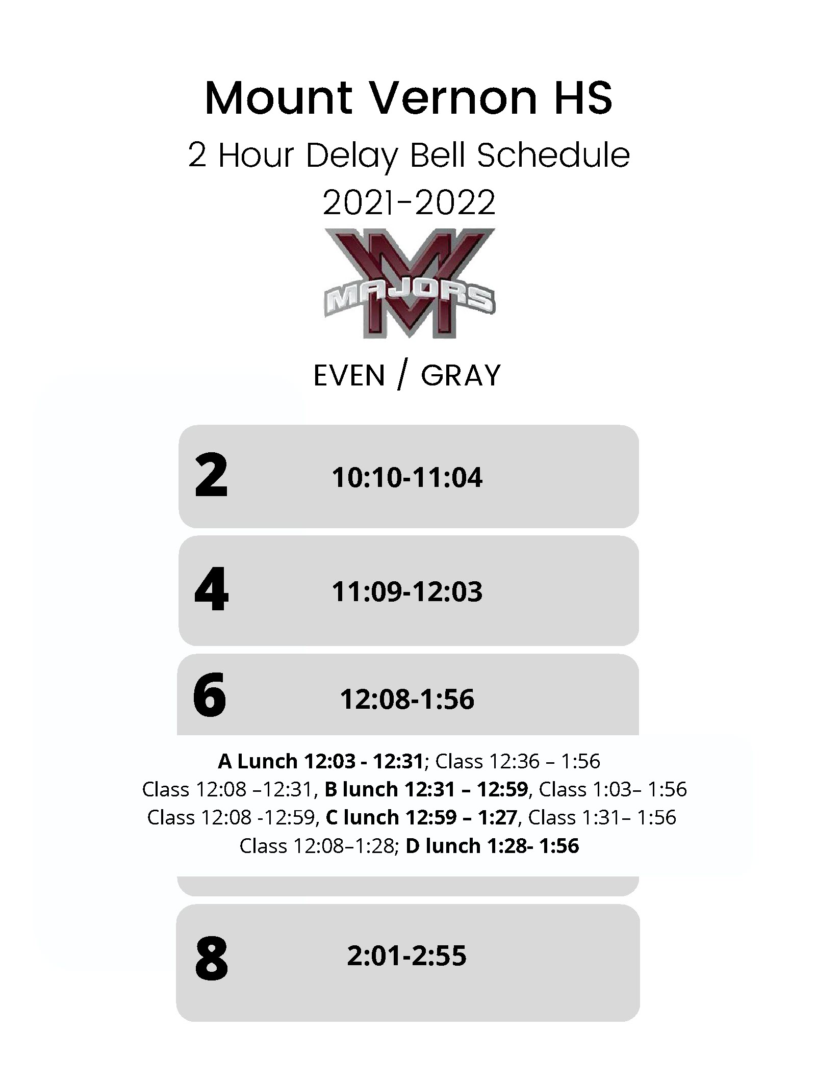 Image of the Two Hour Delayed Opening Schedule - Even
