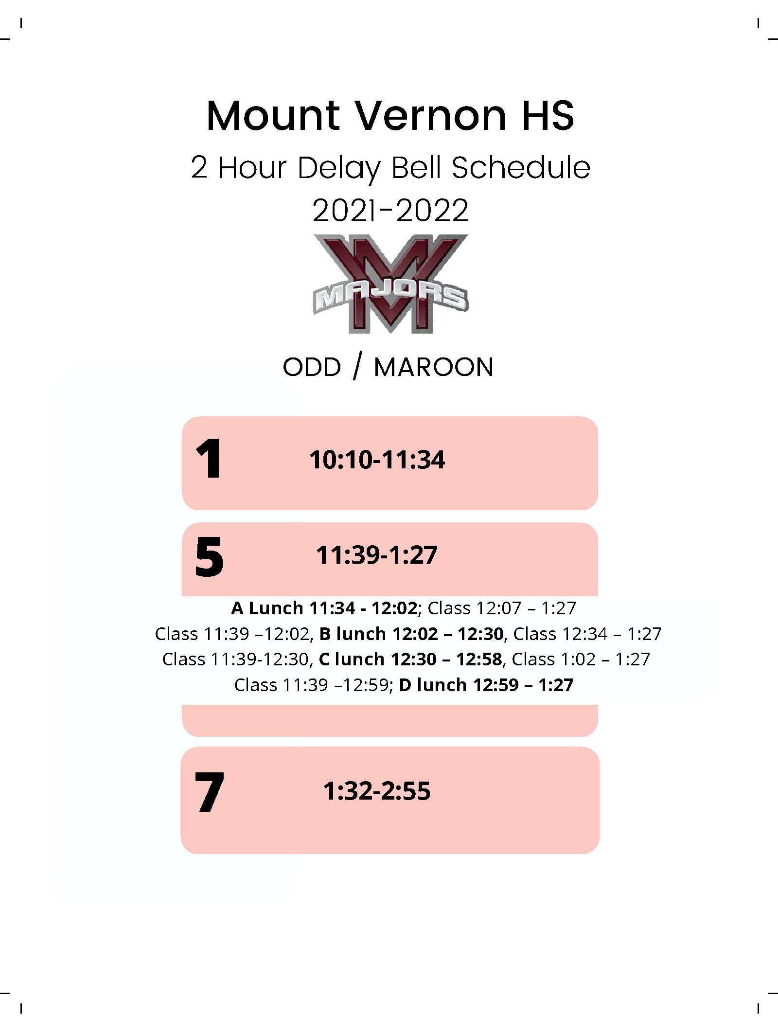 Image of the Two Hour Delayed Opening Schedule - Odd