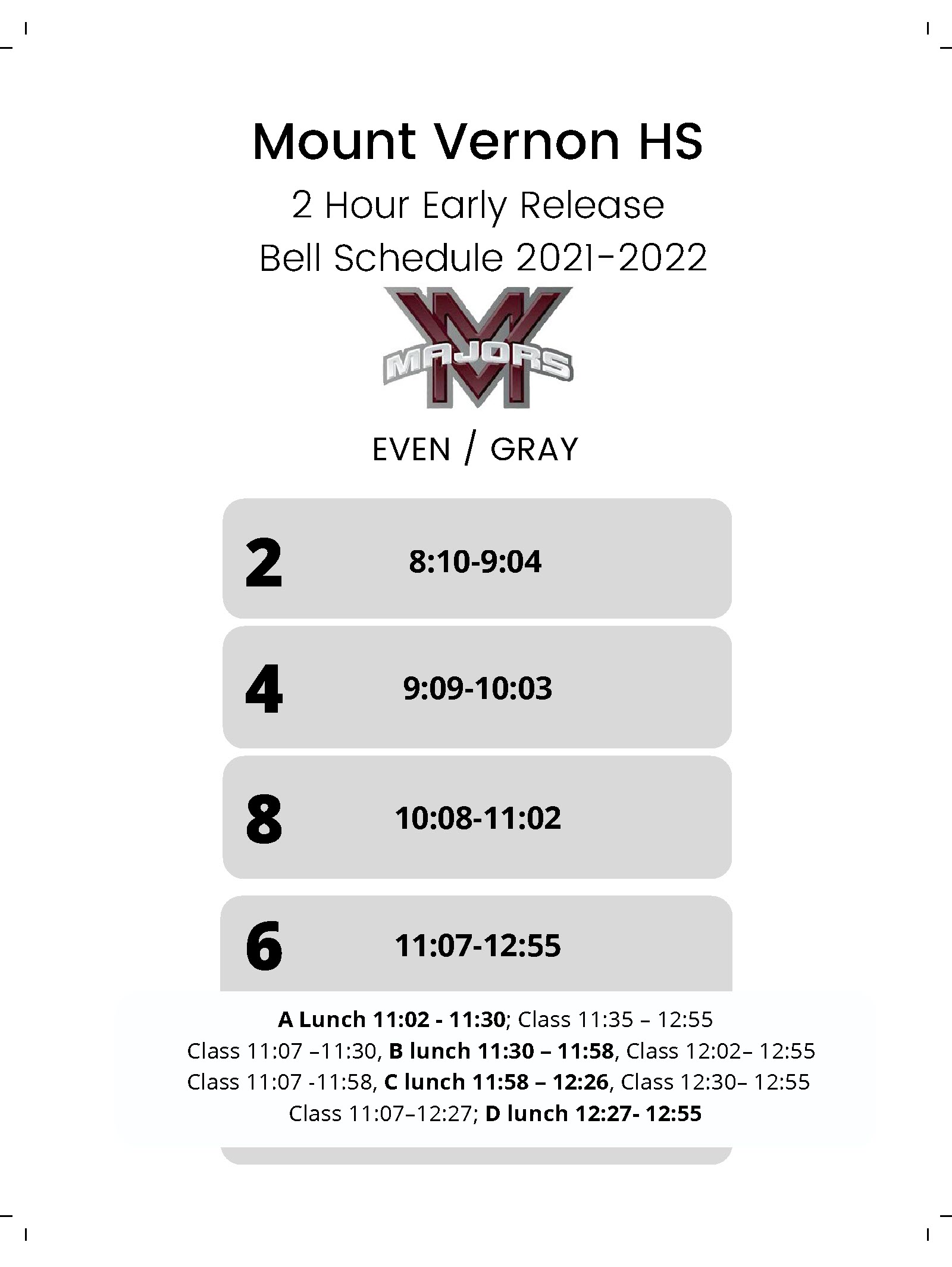 Image of the 2 Hour Early Release schedule