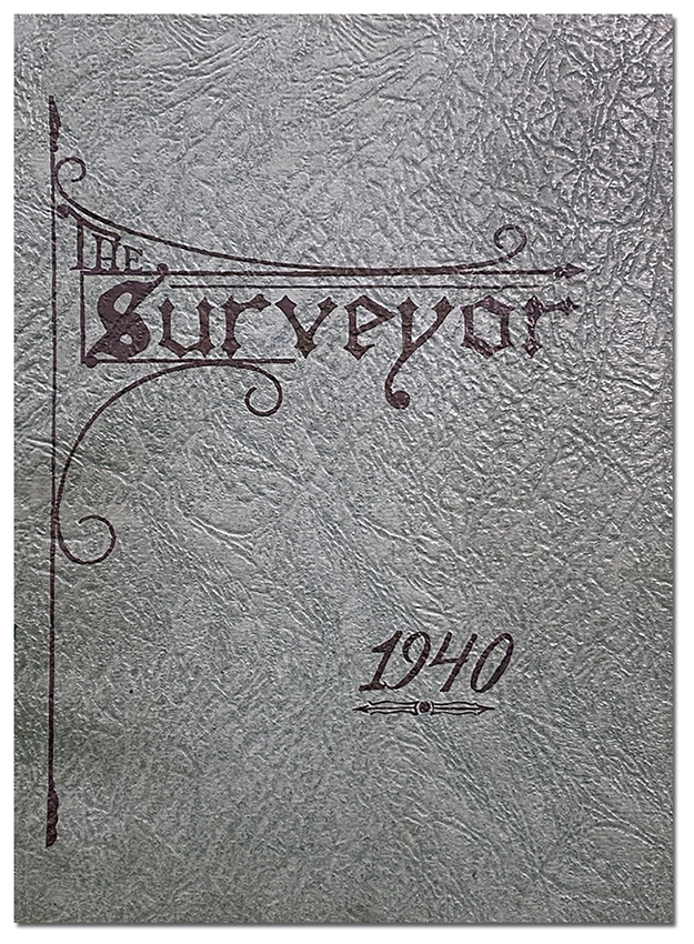 Photograph of a yearbook cover. It is silver with dark lettering which reads: The Surveyor, 1940.