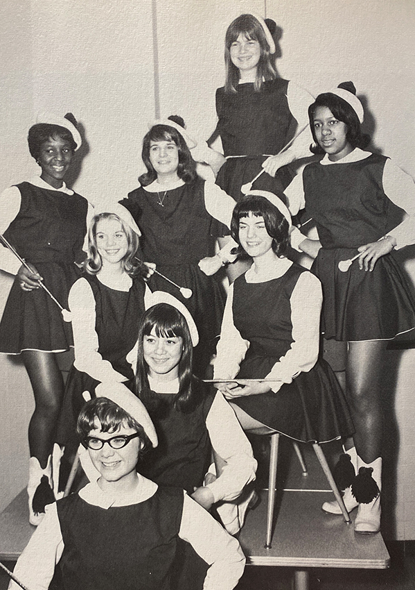 Black and white yearbook photograph of the majorettes.