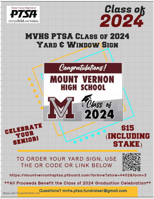Image of the MVHS PTSA Class of 2024  Yard and Window Sign